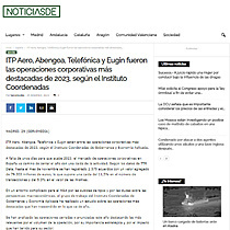 ITP Aero, Abengoa, Telefnica y Eugin fueron las operaciones corporativas ms destacadas de 2023, segn el Instituto Coordenadas